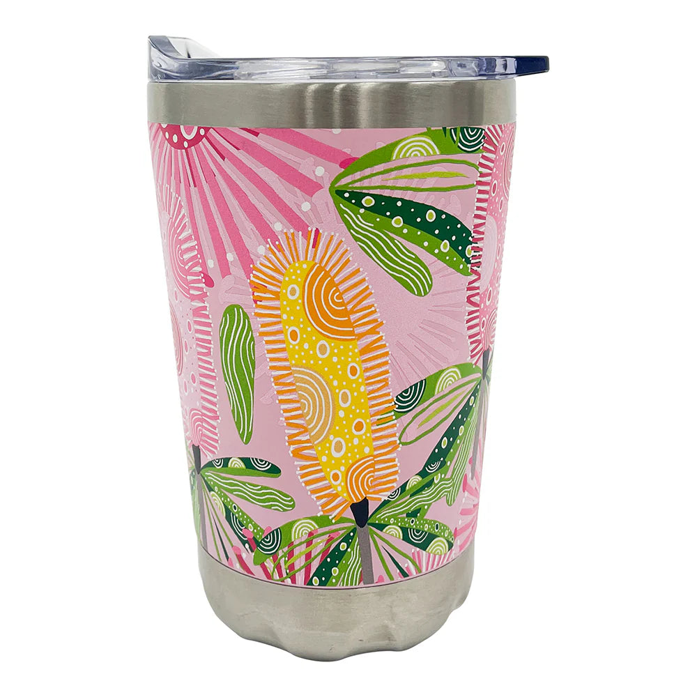 Coffee Mug- Double Wall - Stainless Steel - Pink Banksia