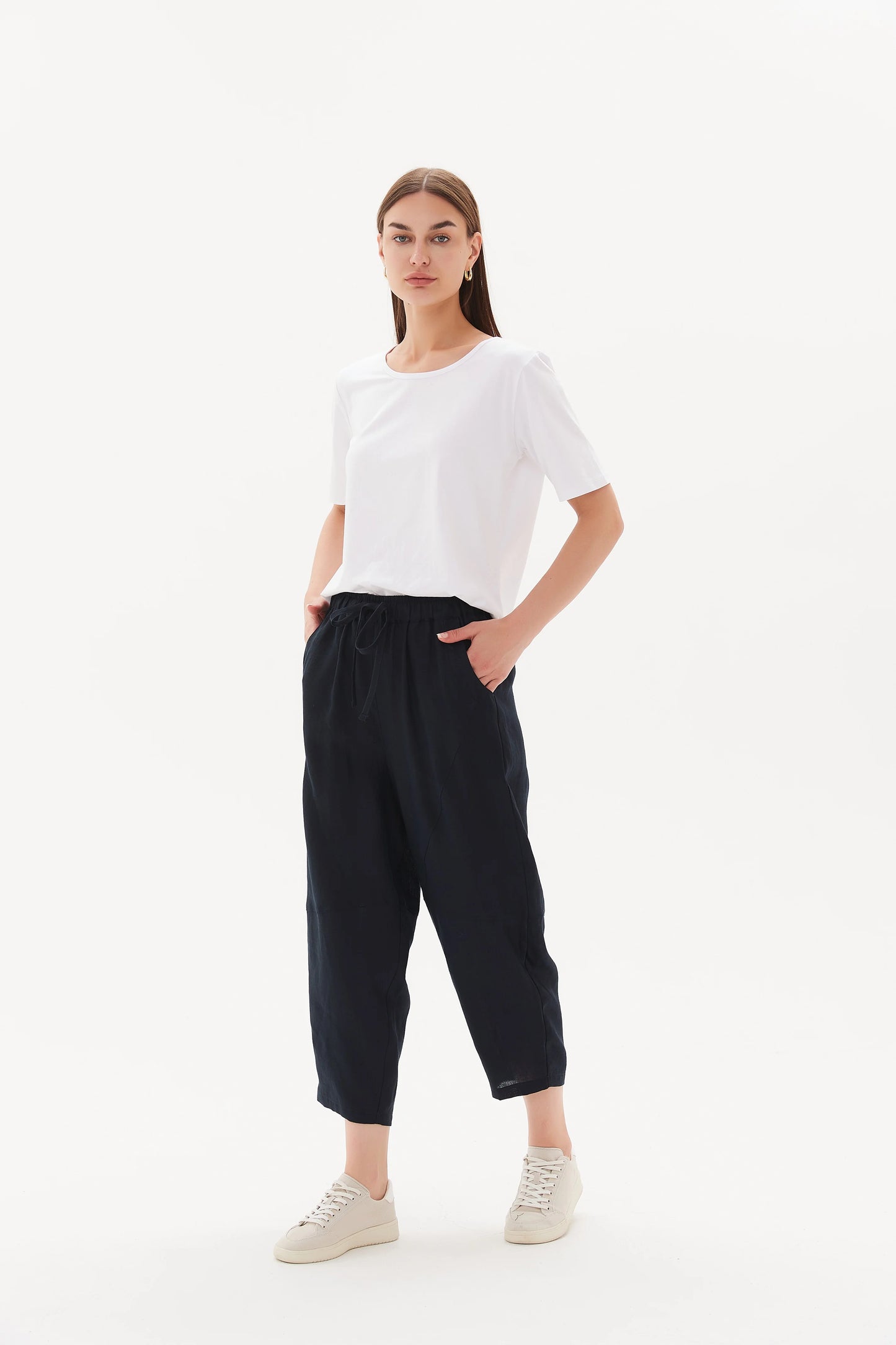 Tie Front Linen Jogger - Deep Navy