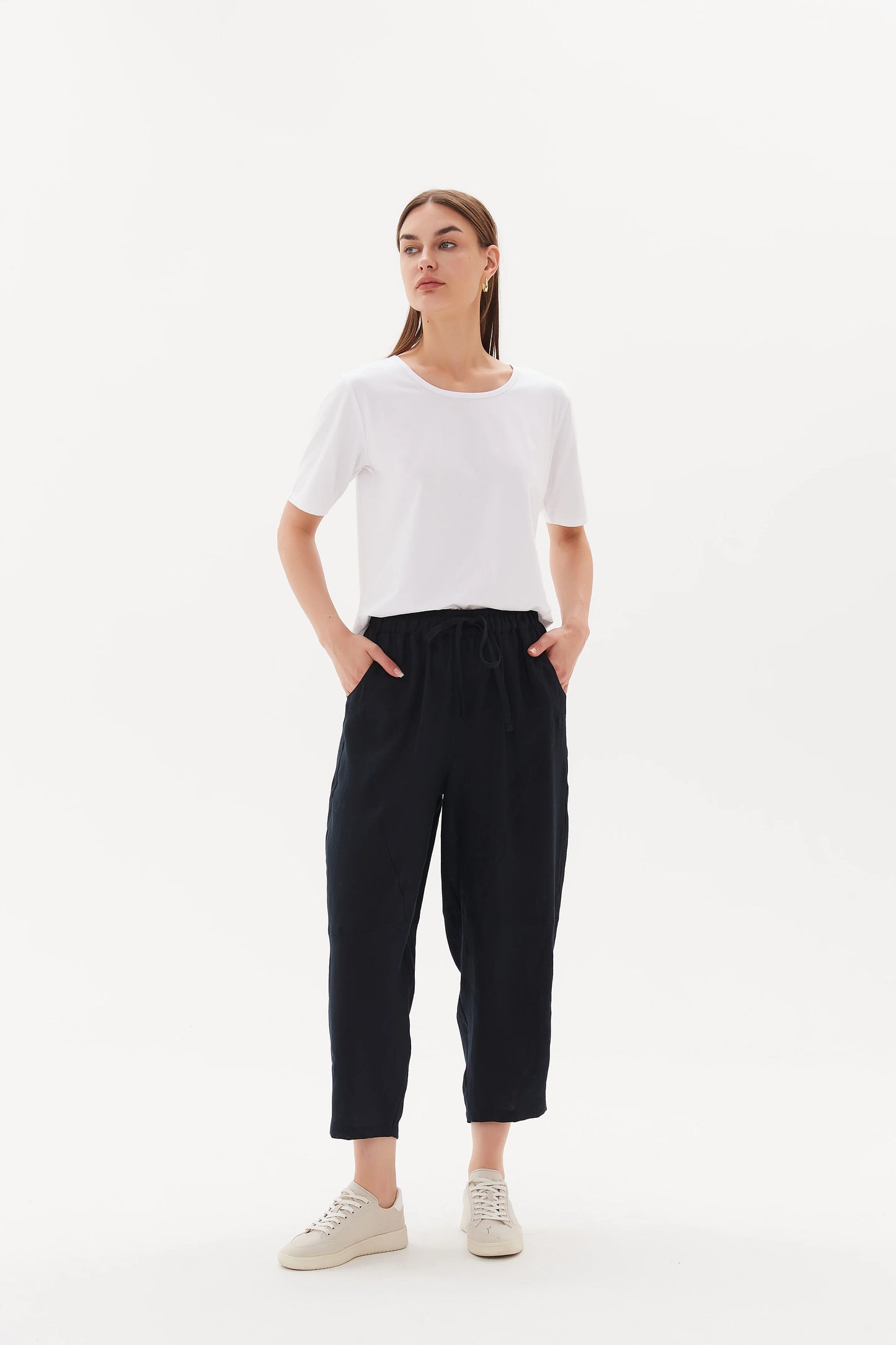 Tie Front Linen Jogger - Deep Navy