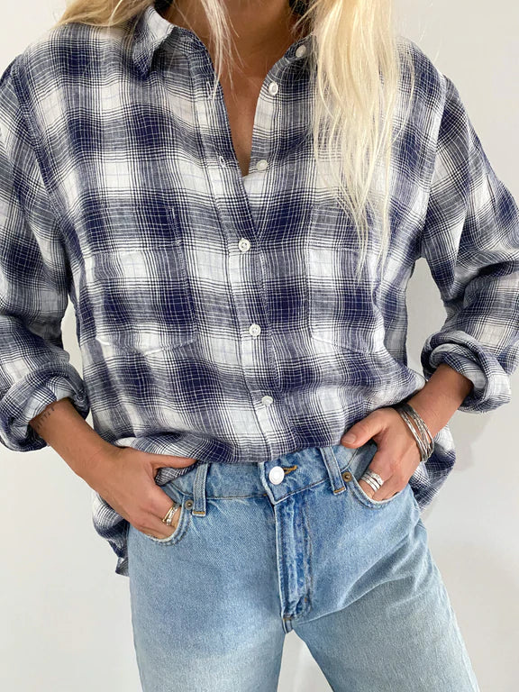 Blues Plaid Boyfriend Linen Shirt
