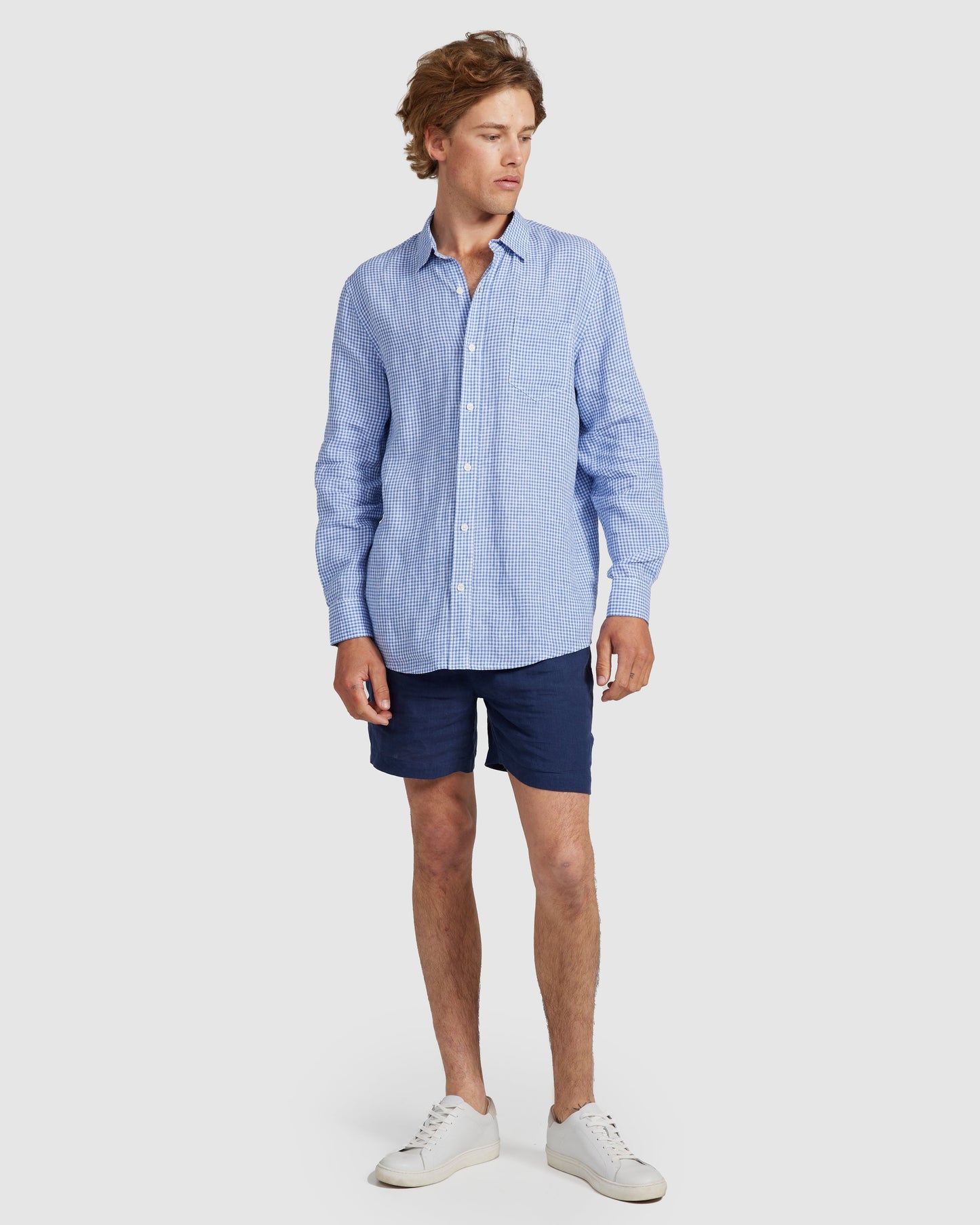 Mens Linen Shirt - Blue Check
