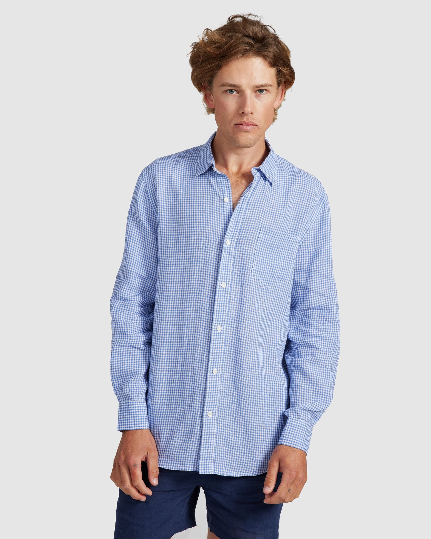 Mens Linen Shirt - Blue Check