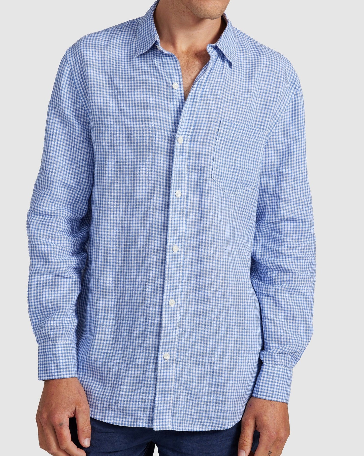 Mens Linen Shirt - Blue Check