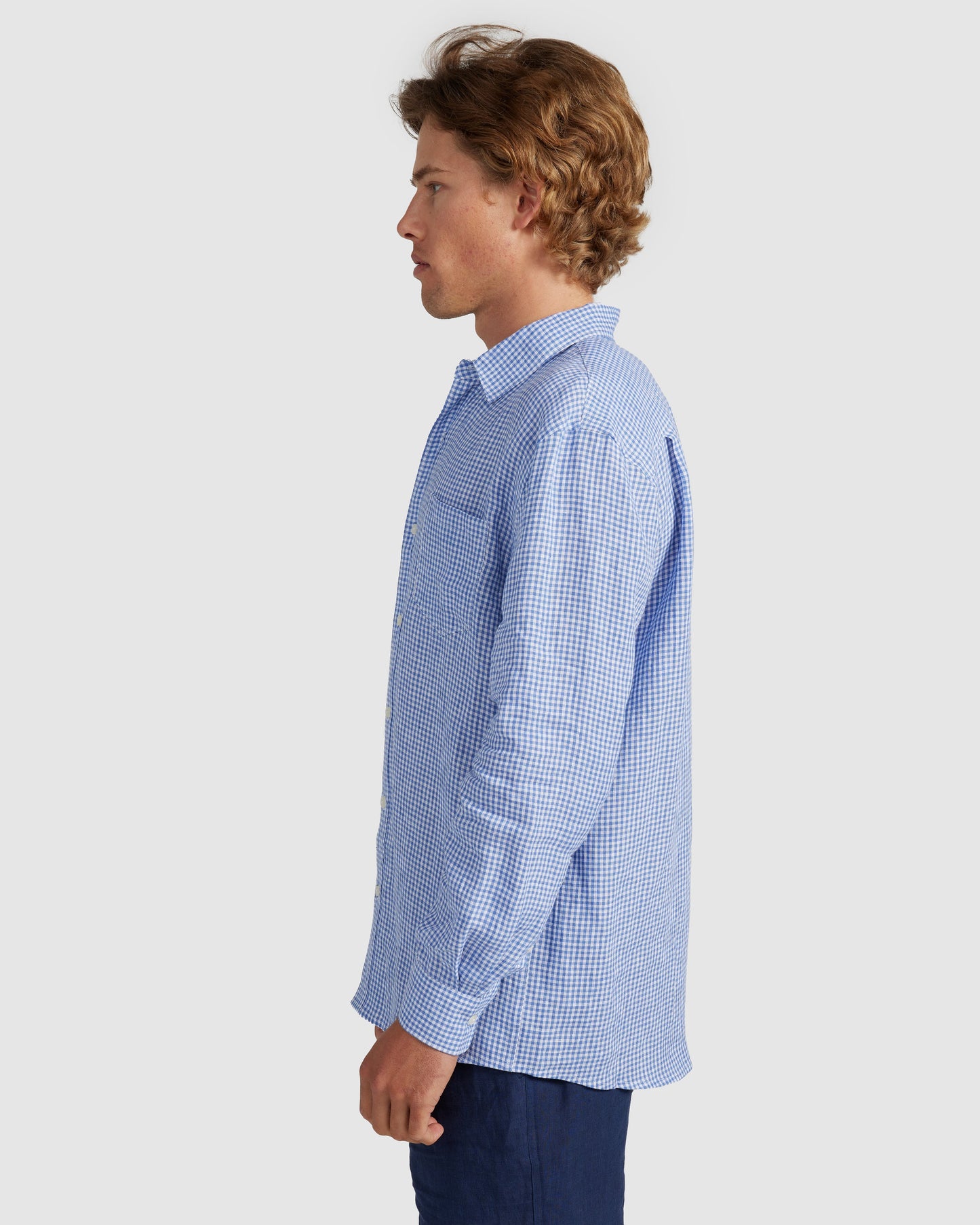 Mens Linen Shirt - Blue Check