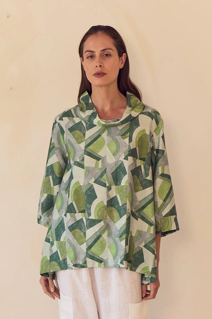 HIGH NECK PRINT TOP - Green Geometric Print
