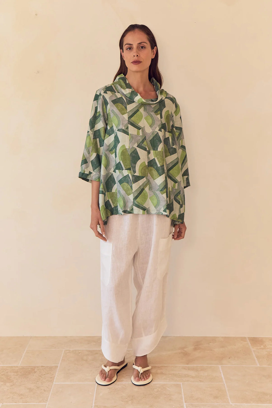 HIGH NECK PRINT TOP - Green Geometric Print