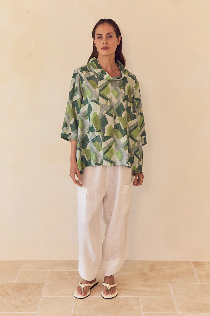 HIGH NECK PRINT TOP - Green Geometric Print