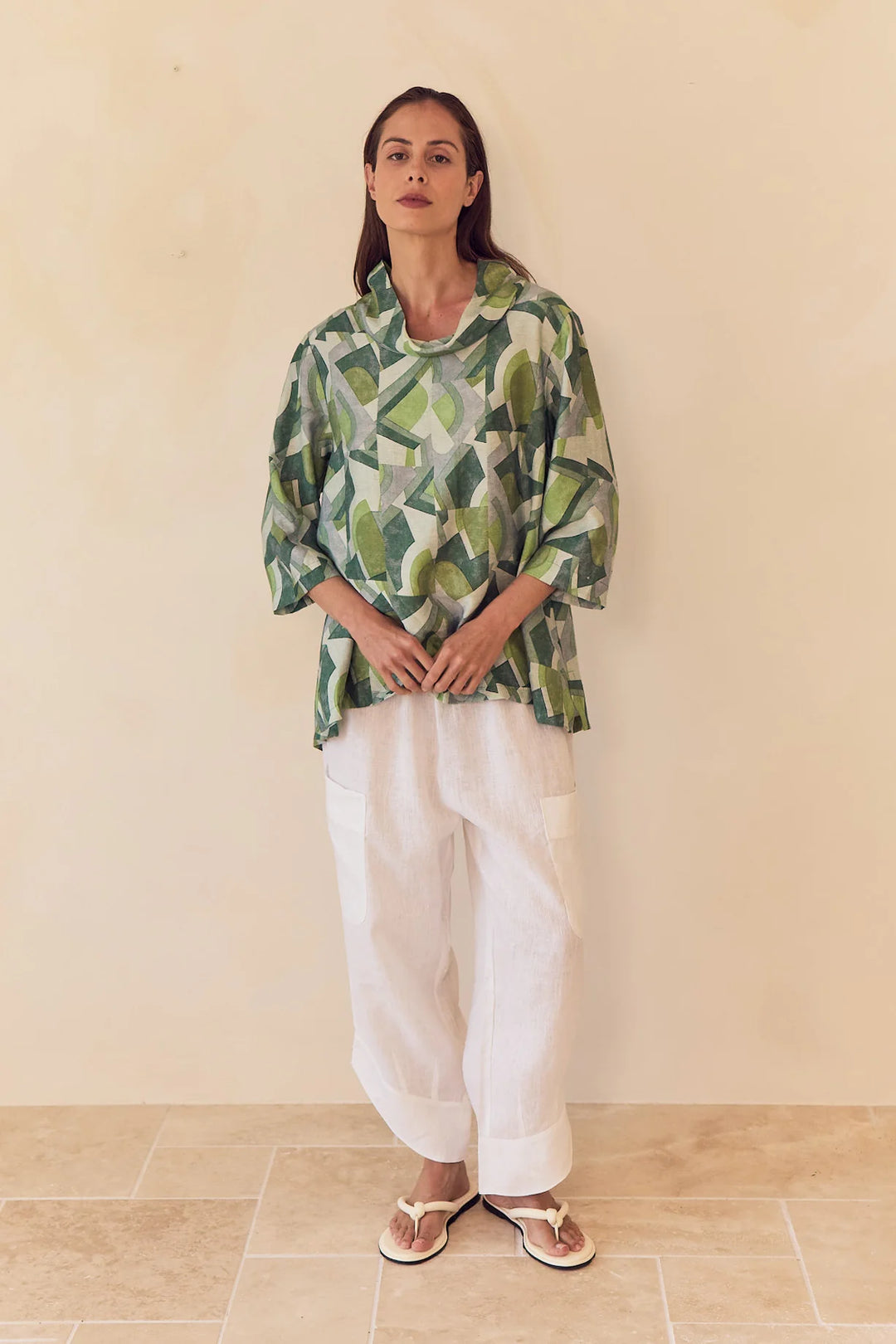 HIGH NECK PRINT TOP - Green Geometric Print