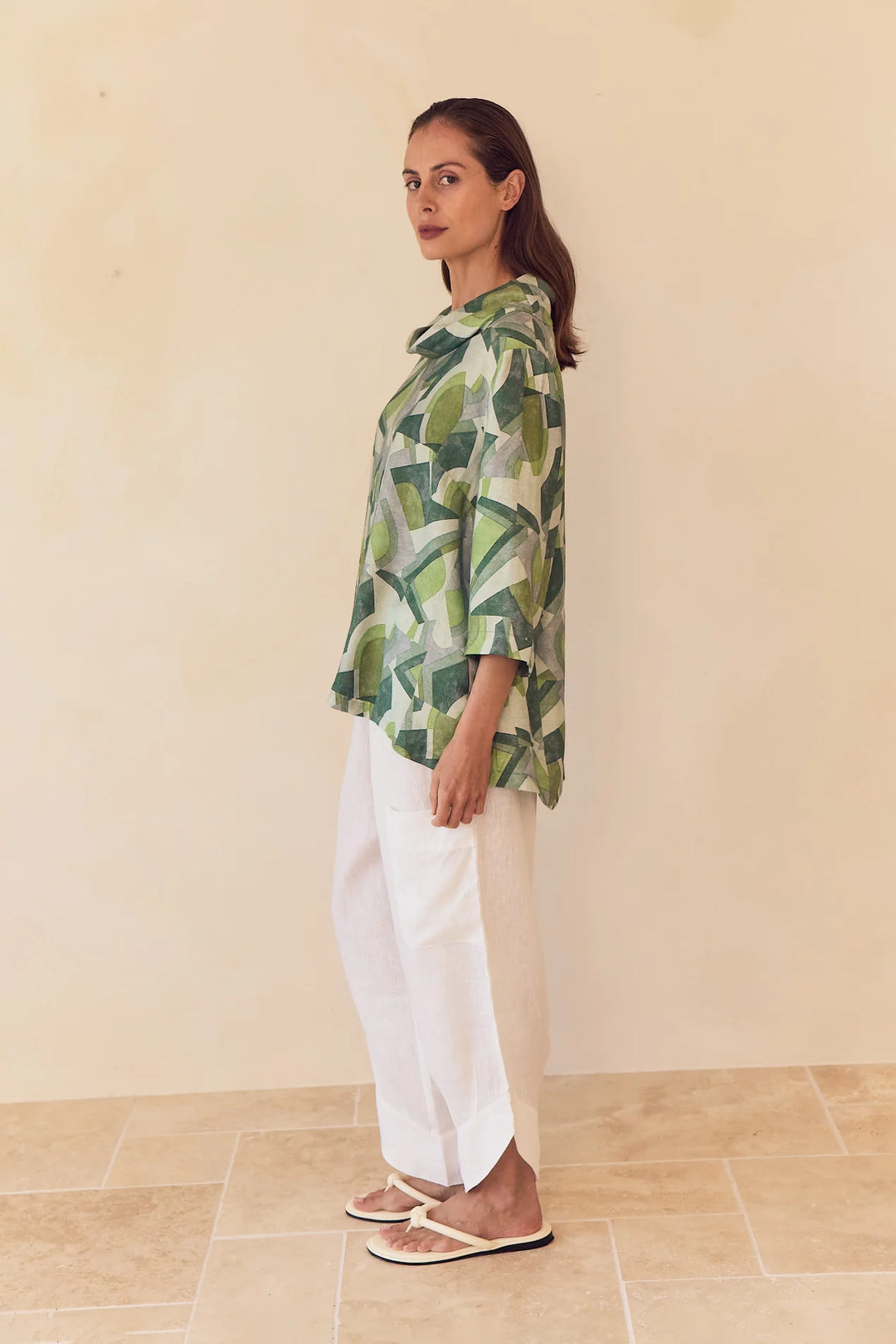HIGH NECK PRINT TOP - Green Geometric Print