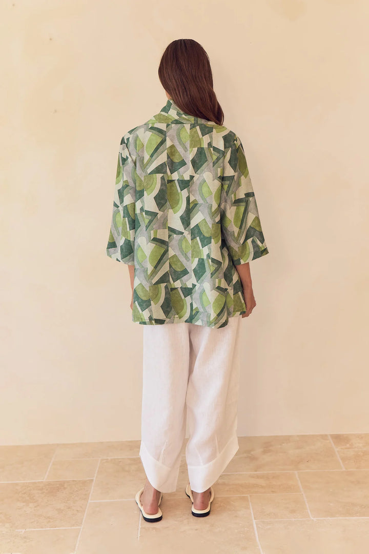 HIGH NECK PRINT TOP - Green Geometric Print