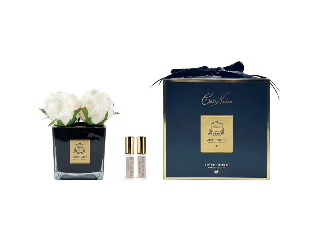 COUTURE SQUARE PERFUMED NATURAL TOUCH 4 ROSES SQUARE BLACK VASE GOLD & PINK BLUSH