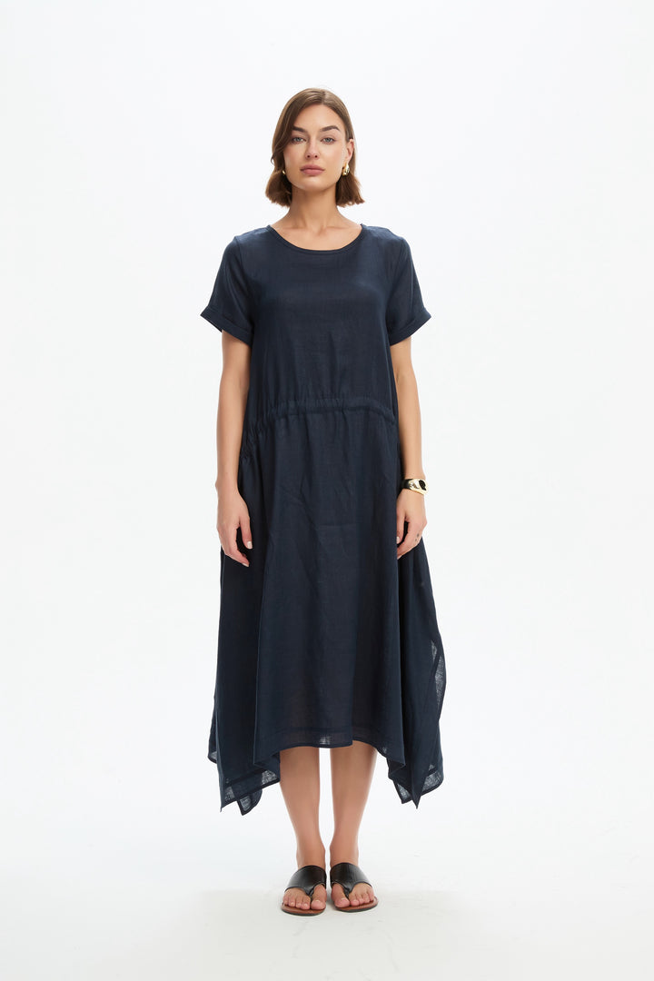 Gather Tie Dress - Navy