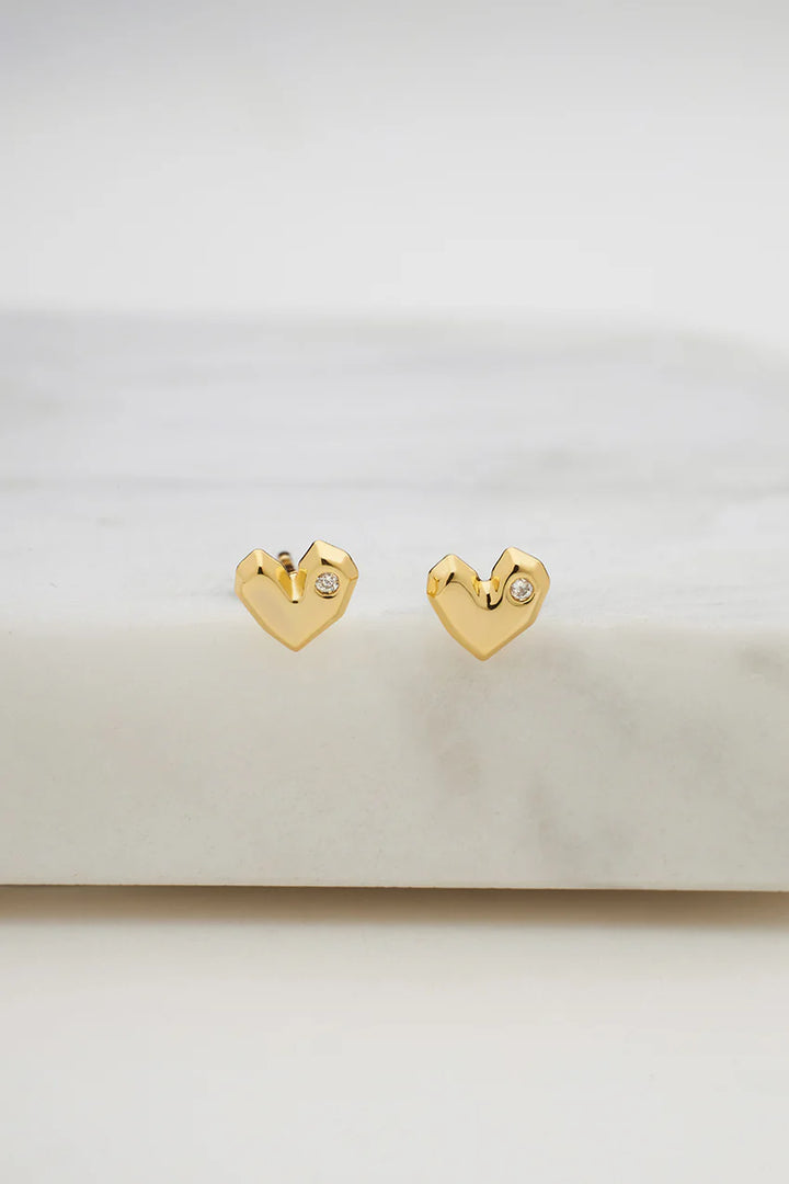 Crystal Heart Stud Earring - 925 Sterling Silver - Gold - Mini Stud