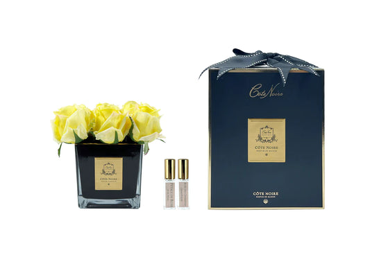 COUTURE PERFUMED NATURAL TOUCH 9 ROSES - SQUARE BLACK VASE GOLD & YELLOW