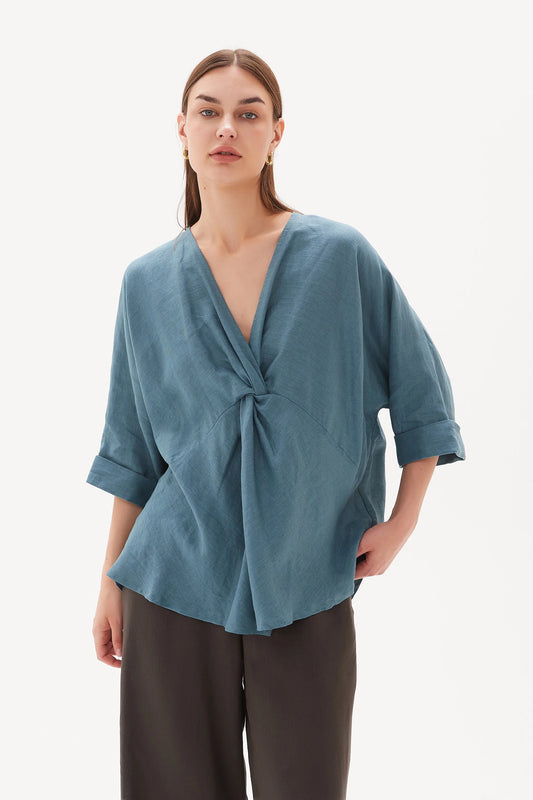 TWIST FRONT TOP-Washed Blue