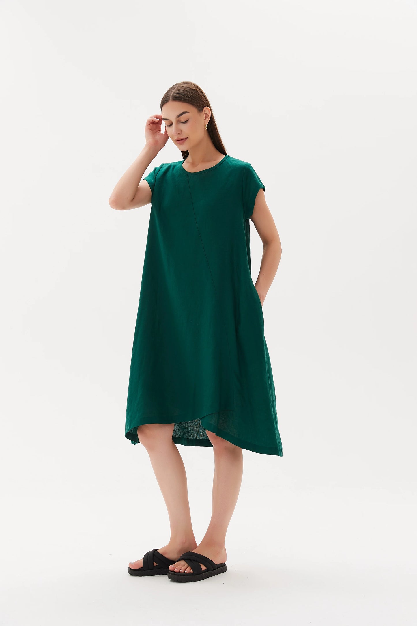 Cap Sleeve Cross Over Dress - Emerald