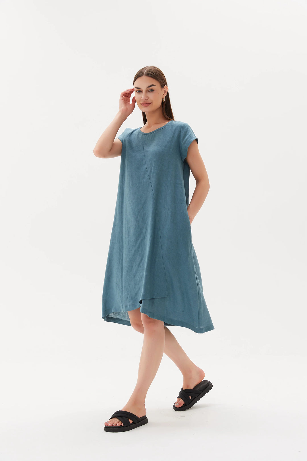 Cap Sleeve Cross Over Dress - Washed Blue