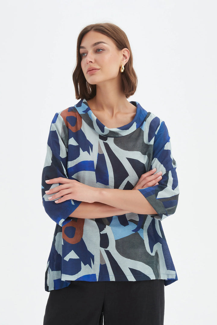 HIGH NECK PRINT TOP-Blue