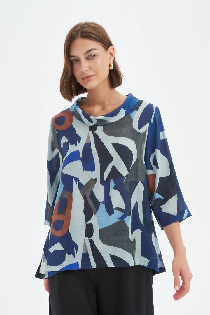 HIGH NECK PRINT TOP - Blue Abstract Print