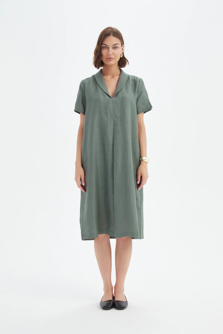 SHAWL COLLAR PLEAT DRESS-Petrol