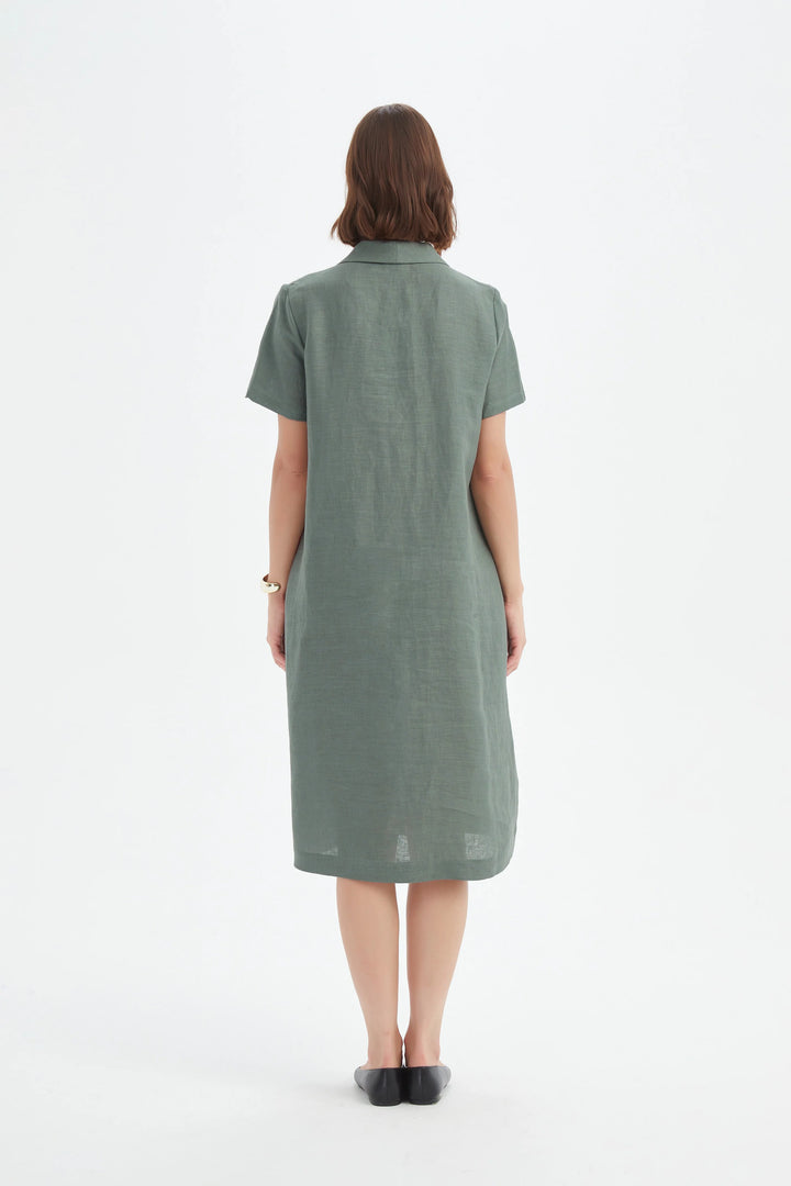 SHAWL COLLAR PLEAT DRESS-Petrol