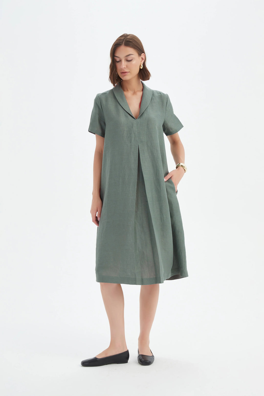 SHAWL COLLAR PLEAT DRESS-Petrol