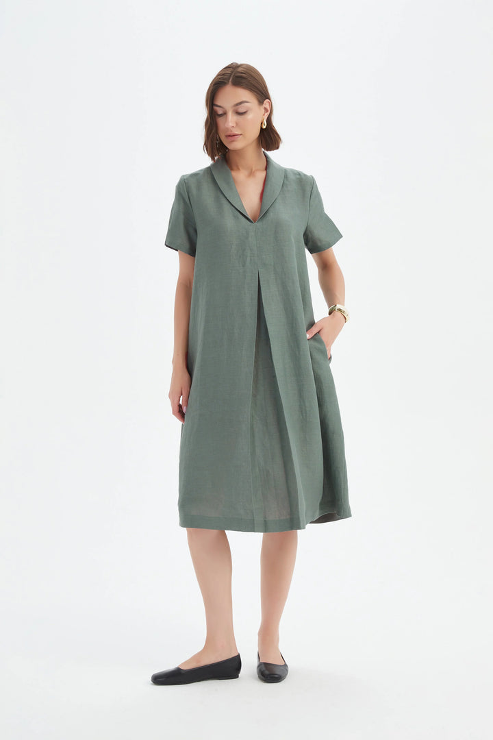 SHAWL COLLAR PLEAT DRESS-Petrol