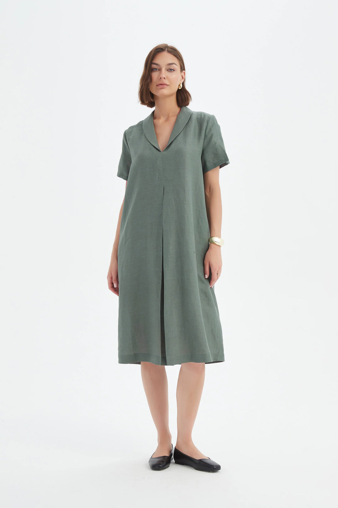 SHAWL COLLAR PLEAT DRESS-Petrol