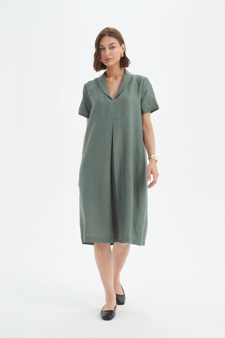 SHAWL COLLAR PLEAT DRESS-Petrol