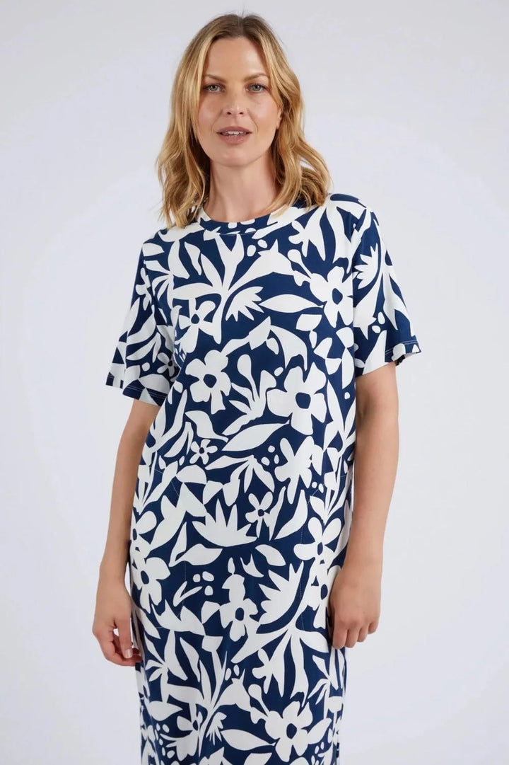 Stencil Floral Tee Dress Naval Blue Floral