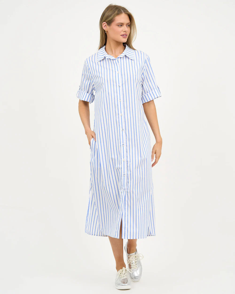 Liberty Rose Stripe Belted Shirt Dress - Blue/White