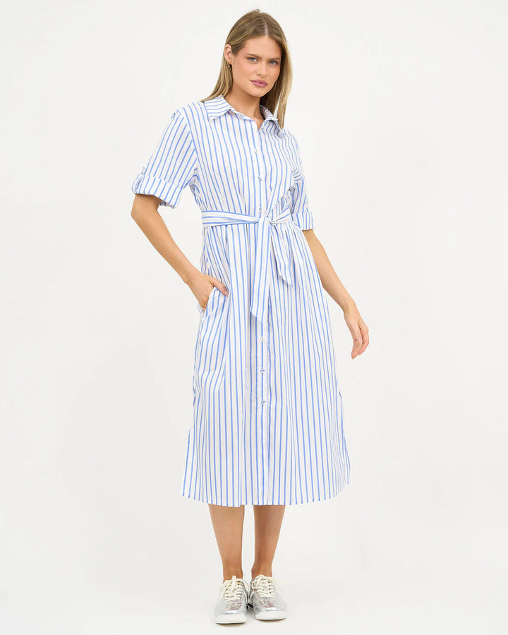 Liberty Rose Stripe Belted Shirt Dress - Blue/White