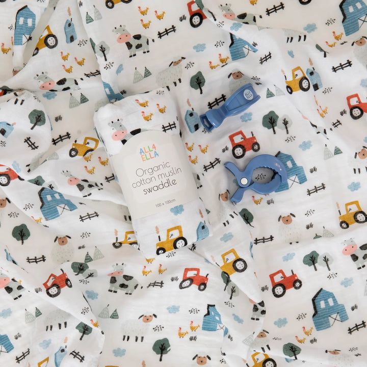 ORGANIC MUSLIN SWADDLE & 2 PRAM PEG GIFT SET - BARNYARD