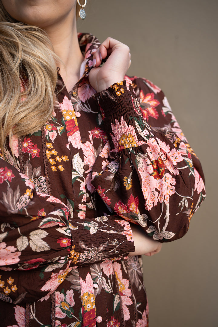Chocolate Flower Lace Trim Blouse