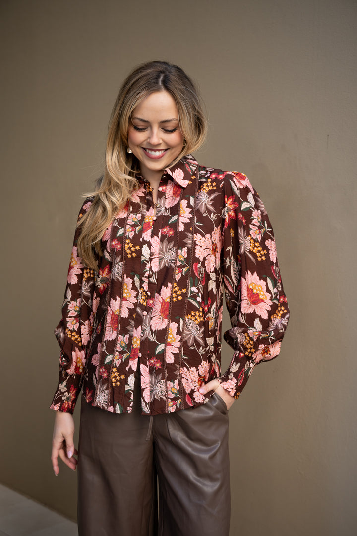 Chocolate Flower Lace Trim Blouse