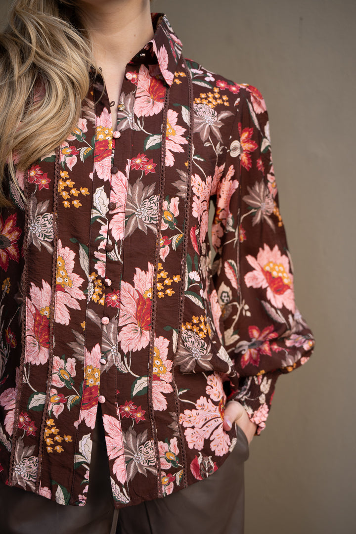 Chocolate Flower Lace Trim Blouse