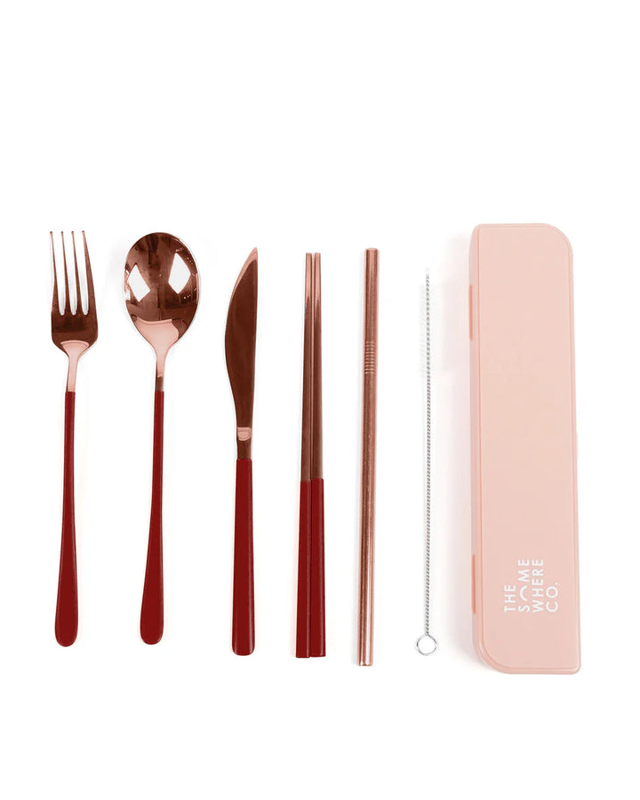 Take Me Away Cutlery Kit - Rose Gold with Burgundy Handle