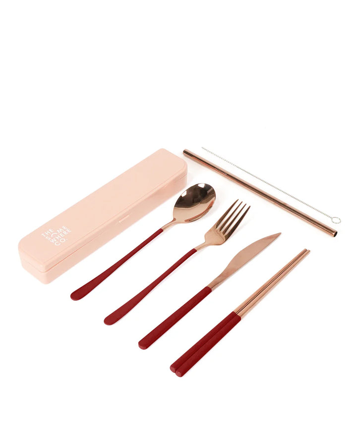 Take Me Away Cutlery Kit - Rose Gold with Burgundy Handle