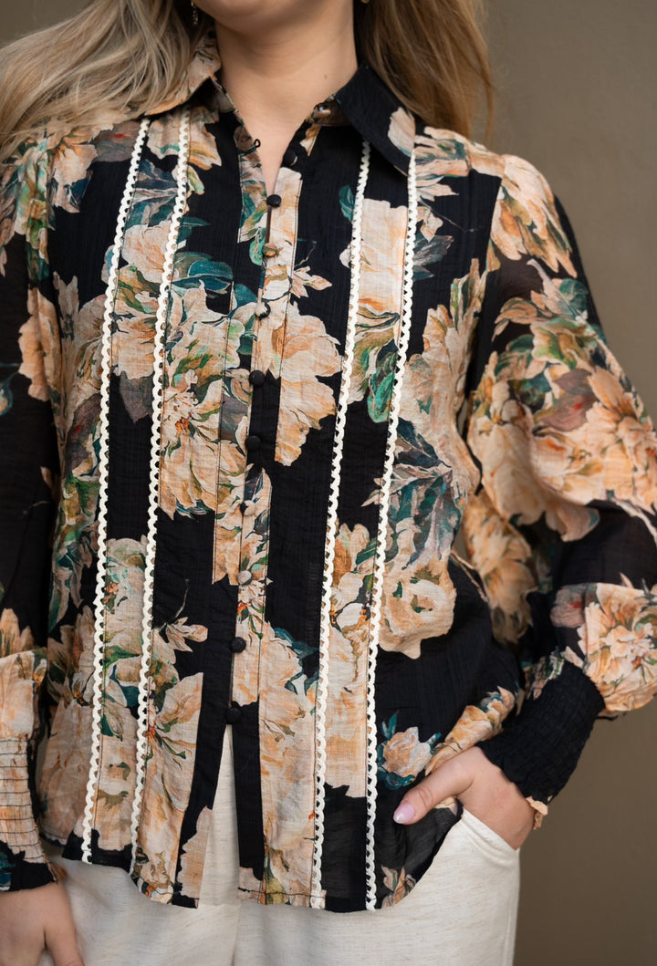 Peony Lace Trim Blouse - Black