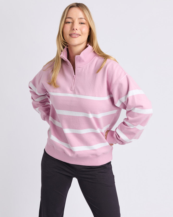 FREEDOM 1/4 ZIP CREW - Pink and White Stripe