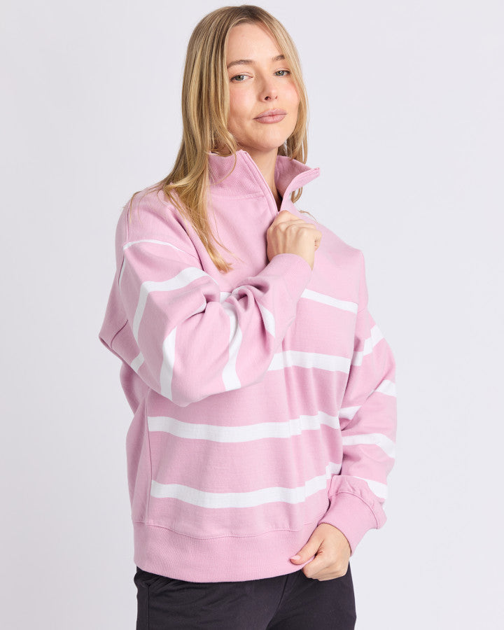 FREEDOM 1/4 ZIP CREW - Pink and White Stripe
