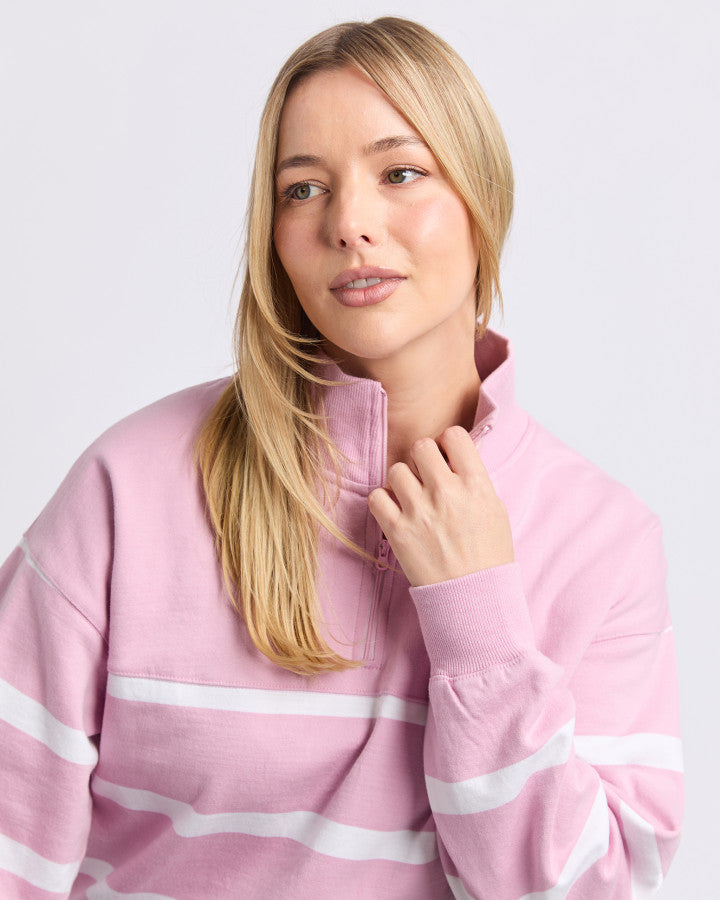 FREEDOM 1/4 ZIP CREW - Pink and White Stripe