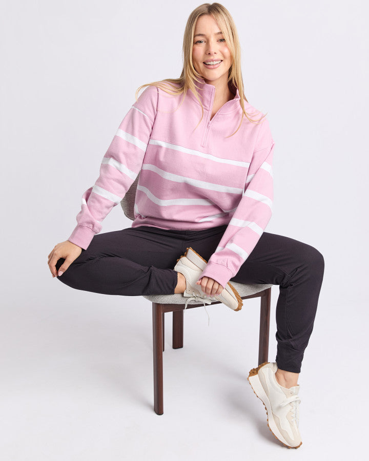 FREEDOM 1/4 ZIP CREW - Pink and White Stripe