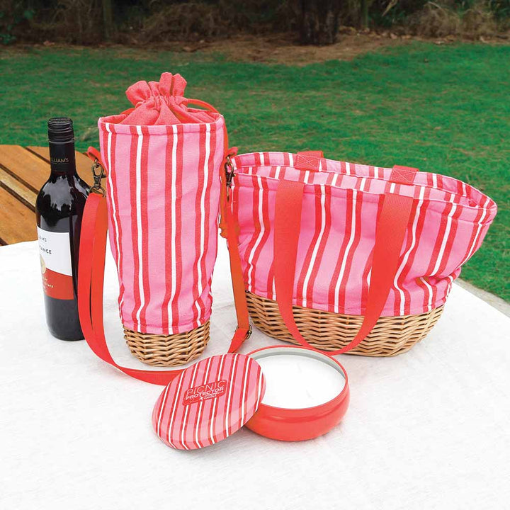 Picnic Lunch Bag - Wicker - Red & Pink stripe