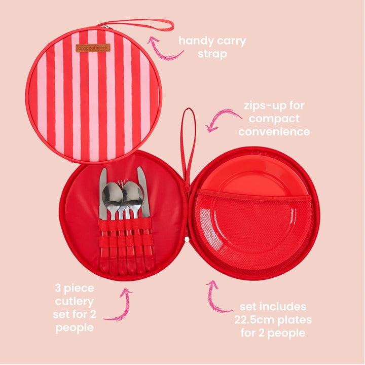 PICNIC ROUND PLATE SET - RED STRIPE