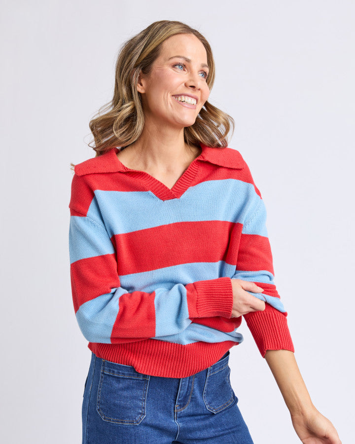 STRIPED KNIT POLO - Bright Red