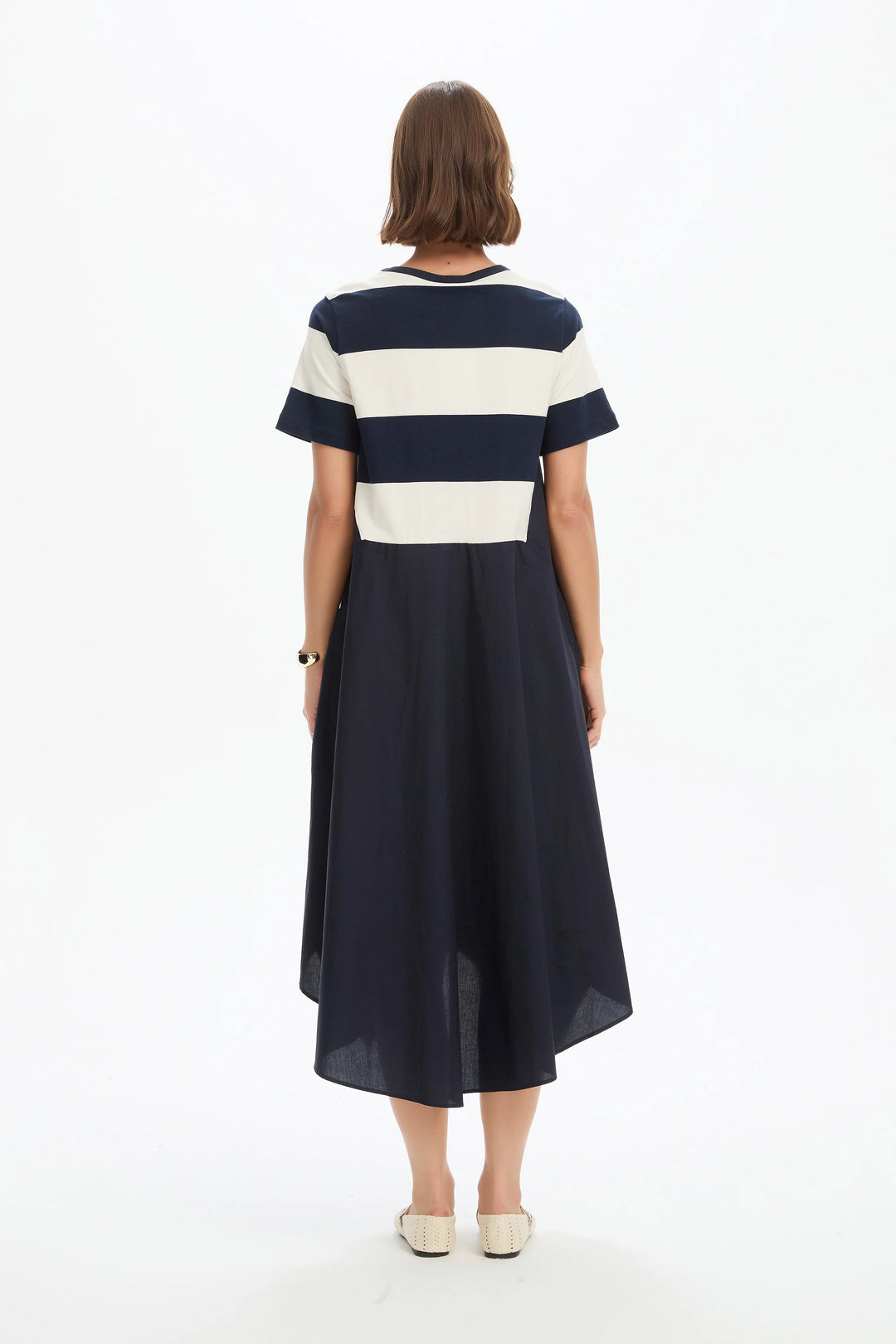 STRIPE HANKY HEM COMBI DRESS - NAVY AND WHITE STRIPE