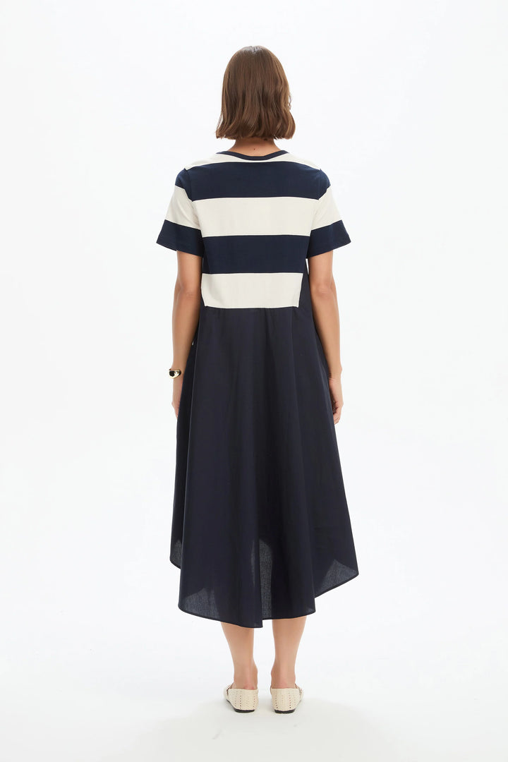 STRIPE HANKY HEM COMBI DRESS - NAVY AND WHITE STRIPE