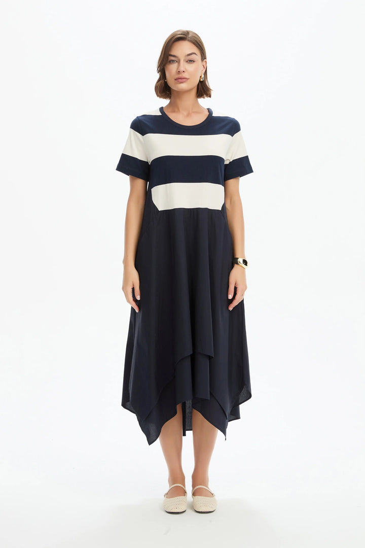 STRIPE HANKY HEM COMBI DRESS - NAVY AND WHITE STRIPE