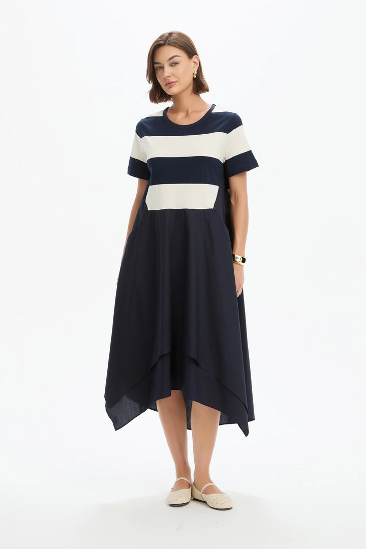 STRIPE HANKY HEM COMBI DRESS - NAVY AND WHITE STRIPE